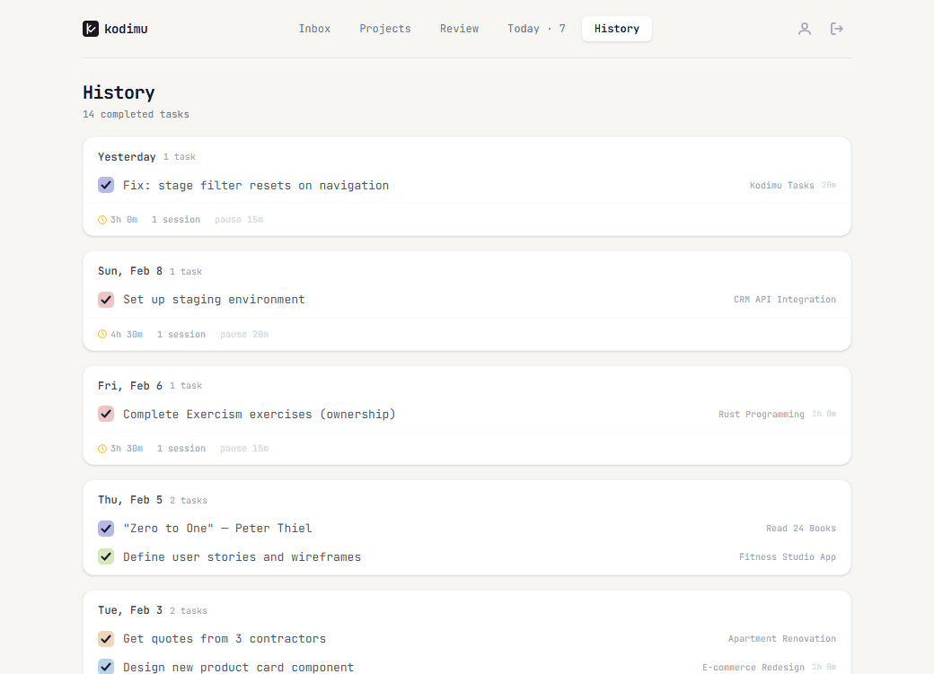 History page showing completed tasks grouped by date