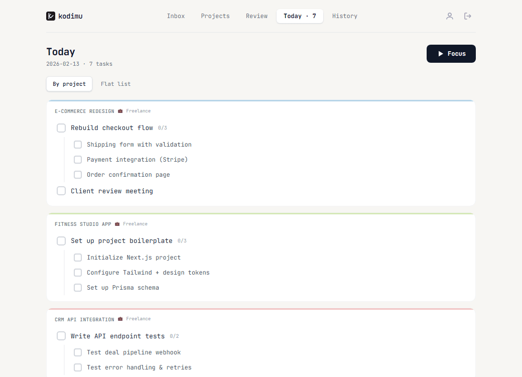 Today page with tasks grouped by project