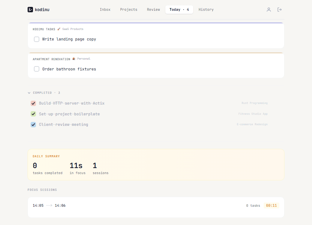 Completed tasks section and daily summary with focus stats