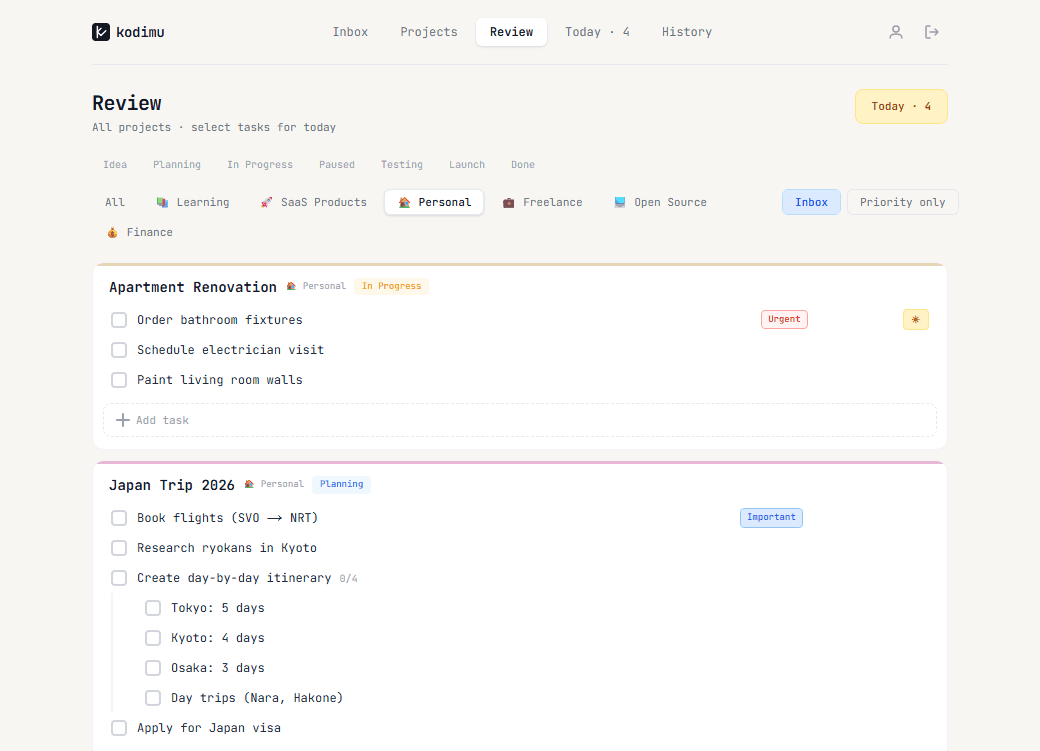 Review page with stage and category filters