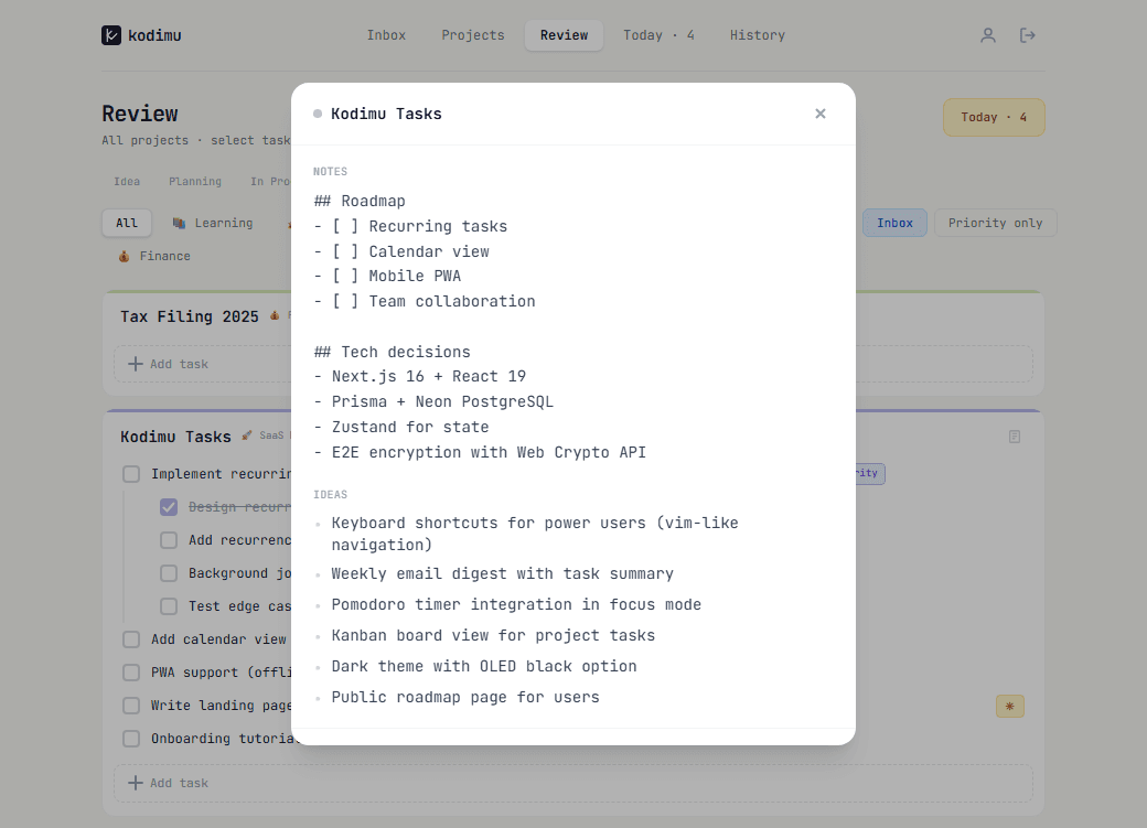 Project notes modal showing roadmap and tech decisions