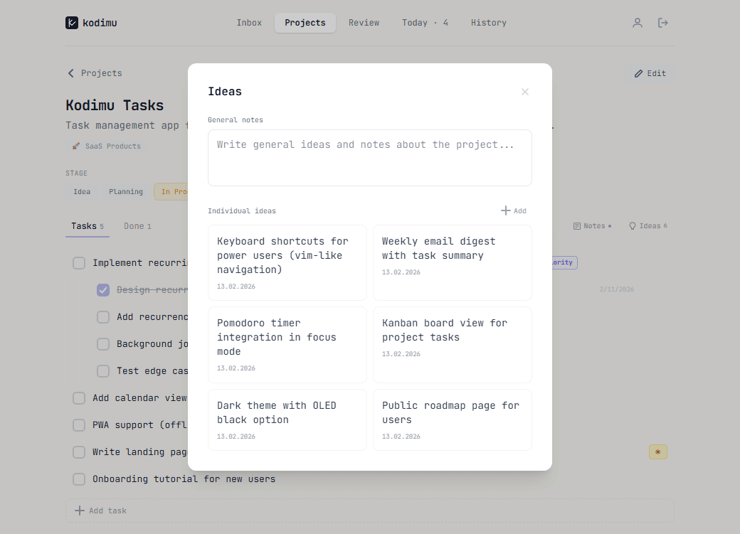 Project ideas modal with individual idea cards
