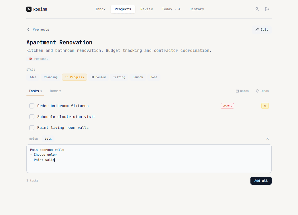 Project detail page showing tasks, stages, and bulk add