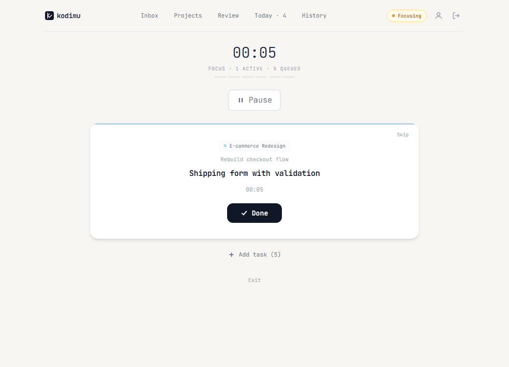 Focus mode with active timer and current task