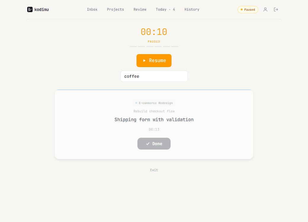 Focus mode paused with reason input and resume button