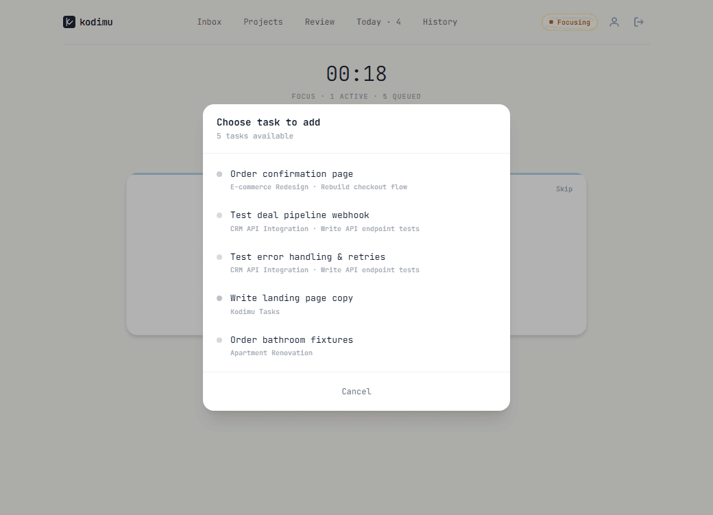 Dialog to choose and add a task during focus session