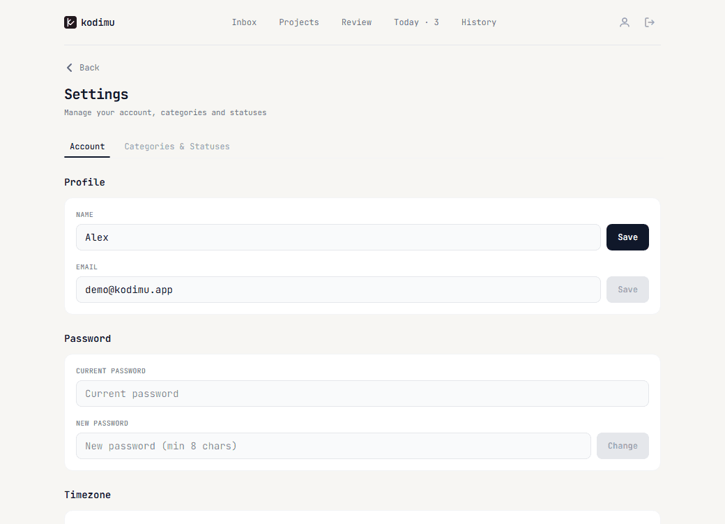 Settings page with profile, email, and password sections