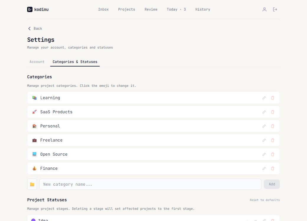 Categories settings with emoji icons and edit/delete controls
