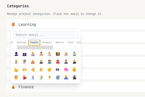 Emoji picker with categories and search