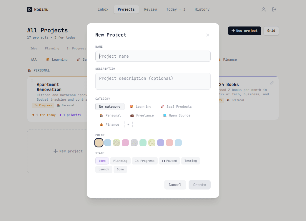 New Project dialog with name, description, category, color and stage options